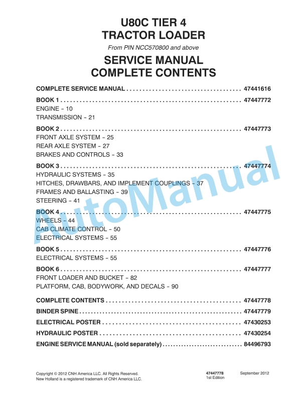 New Holland U80C Tier 4 Tractor Loader Service Manual 47447778