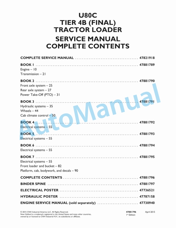 New Holland U80C Tier 4B Final Tractor Loader Service Manual 47881796