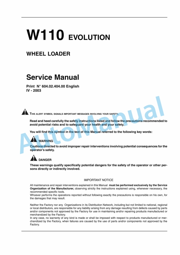 New Holland W110 Evolution Wheel Loader Service Manual 6040240400EN