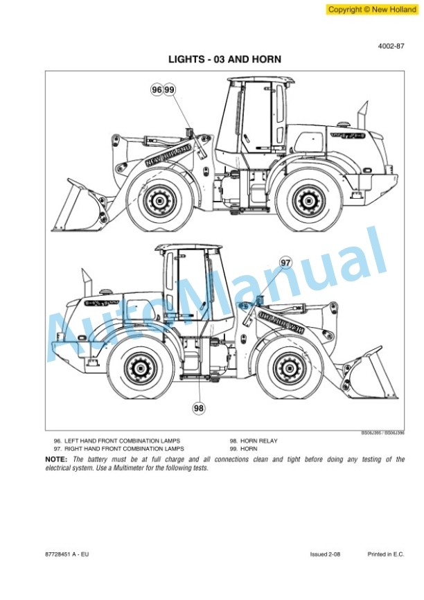 New Holland W110B Wheel Loader Service Manual 87728451AEU-2