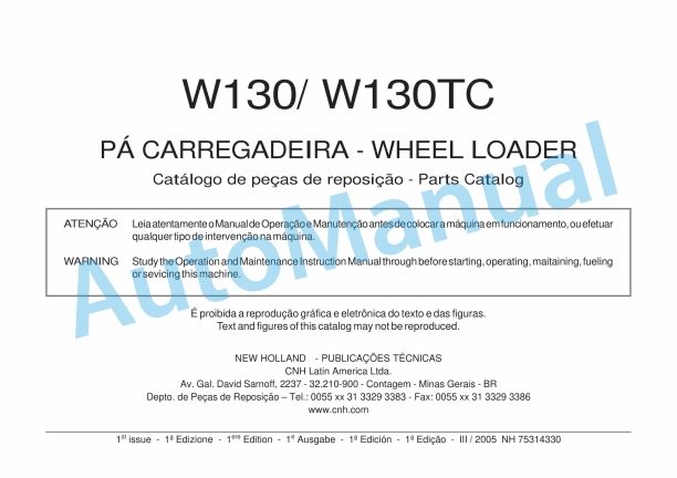 New Holland W130, W130TC Wheel Loader Parts Catalogue 75314330-1 BR