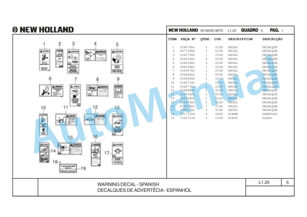 New Holland W130, W130TC Wheel Loader Parts Catalogue 75314330-1 BR-5