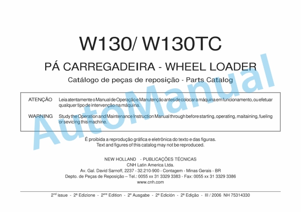 New Holland W130, W130TC Wheel Loader Parts Catalogue 75314330-2 BR