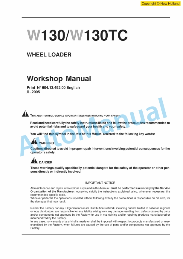 New Holland W130, W130TC Wheel Loader Workshop Manual 6041349200EN