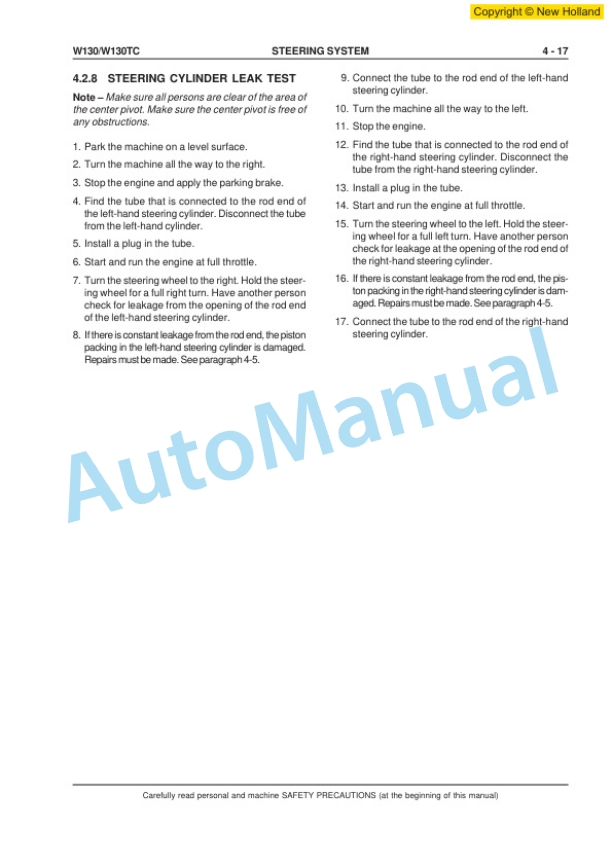 New Holland W130, W130TC Wheel Loader Workshop Manual 6041349200EN-4
