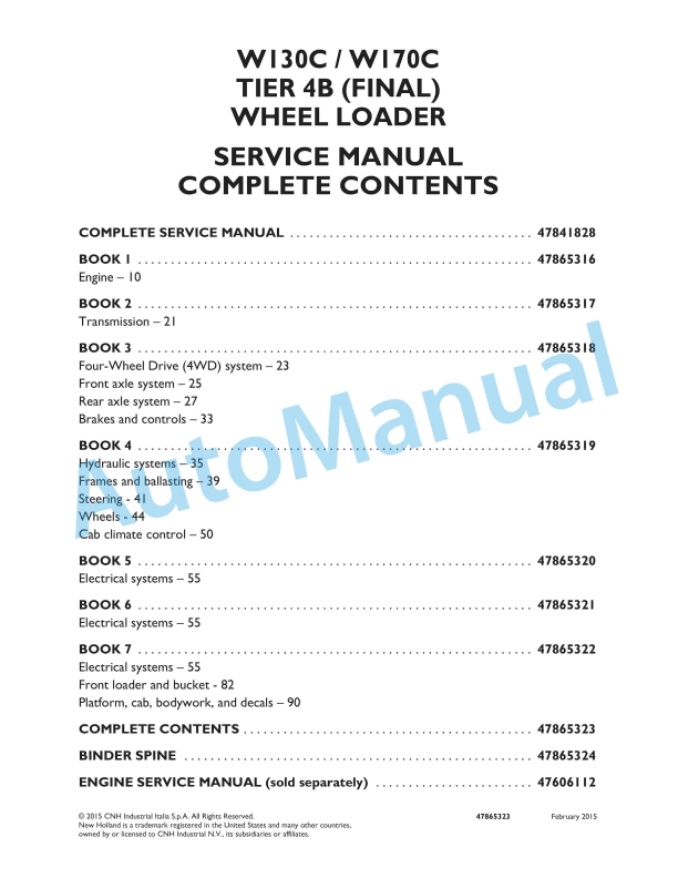 New Holland W130C, W170C Tier 4B Final Wheel Loader Service Manual 47865323