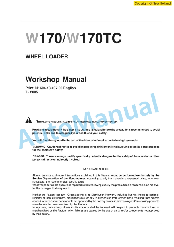 New Holland W170, W170TC Wheel Loader Workshop Manual 6041349700EN