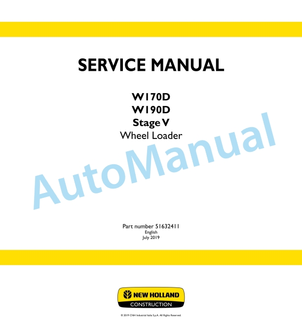 New Holland W170D, W190D Stage V Wheel Loader Service Manual 51632411