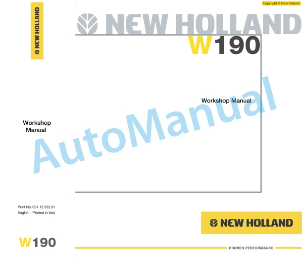New Holland W190 Wheel Loader Workshop Manual 6041350201