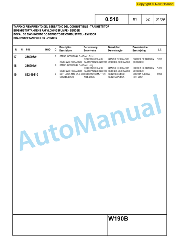 New Holland W190B Tier III Wheel Loader Service Parts Catalogue 6040435200-2