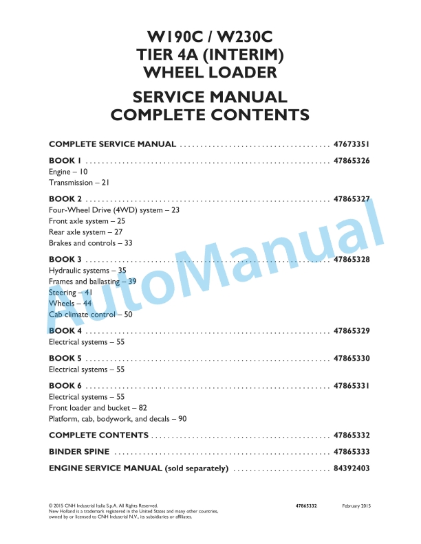 New Holland W190C, W230C Tier 4A Interim Wheel Loader Service Manual 47865332