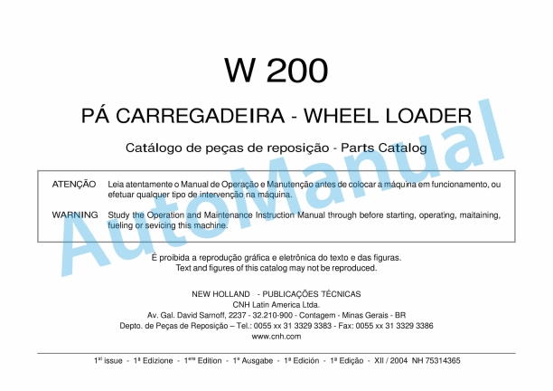 New Holland W200 Wheel Loader Parts Catalogue 75314365 BR