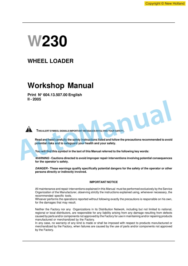 New Holland W230 Wheel Loader Workshop Manual 6041350700EN
