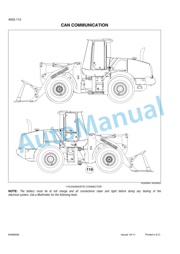 New Holland W230C Wheel Loader Service Manual 84489509-2