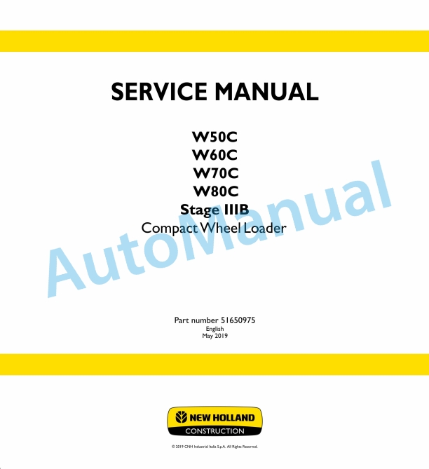 New Holland W50C, W60C, W70C, W80C Stage IIIB Compact Wheel Loader Service Manual 51650975