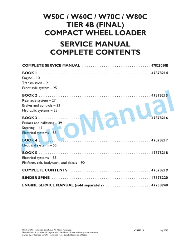 New Holland W50C, W60C, W70C, W80C Tier 4B Final Compact Wheel Loader Service Manual 47878219
