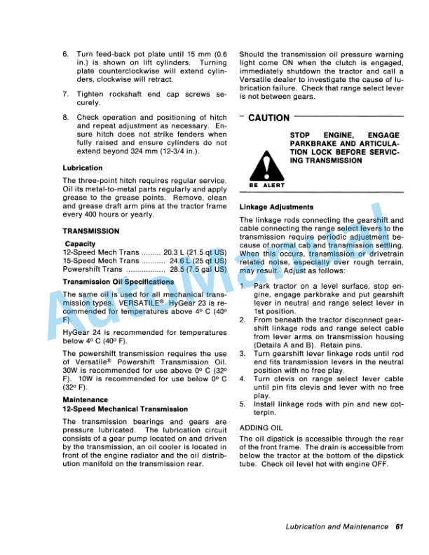 Versatile 836, 856, 876 Tractor Operation and Maintenance Manual 42083632-4