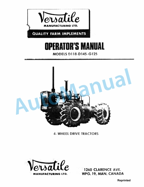 Versatile D118, D145, G125 4WD Tractor Operation and Maintenance Manual 42011830
