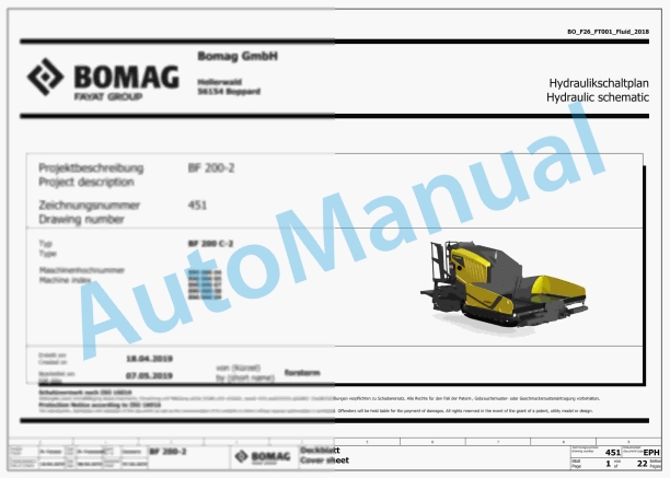 Bomag BF 200 C-2 S200 V Stage 5 Asphalt Paver Electric, Hydraulic Schematics Diagram 821890081001 - 821890089999