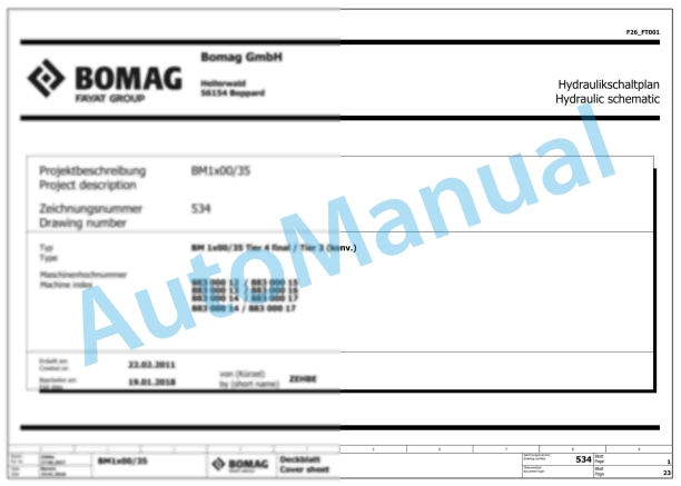 Bomag BM 1000-35 TE Road Milling Machine Electric, Hydraulic Schematics Diagram 101883211001 - 101883219999