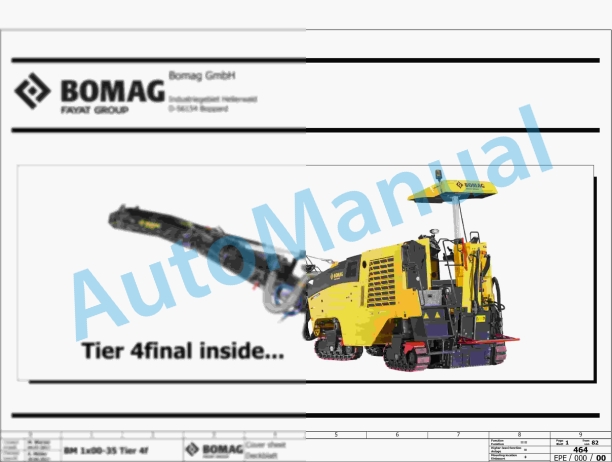 Bomag BM 1300-35 T4f Road Milling Machine Electric, Hydraulic Schematics Diagram 101883141001 - 101883149999