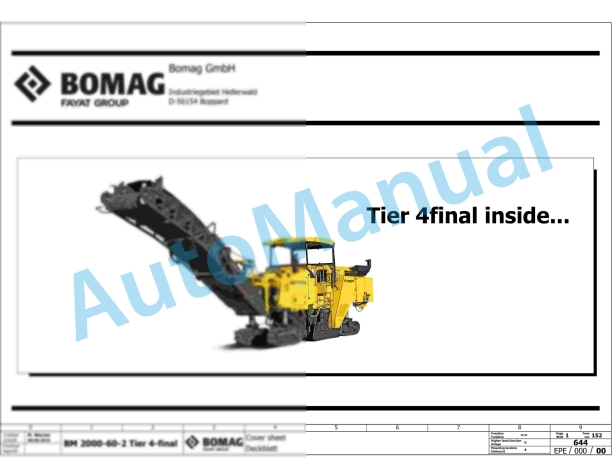 Bomag BM 2200 60 T4f Road Milling Machine Electric, Hydraulic Schematics Diagram 821836591001 - 821836599999