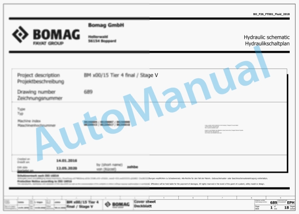 Bomag BM 600-15-2 Road Milling Machine Electric, Hydraulic Schematics Diagram 101882191001 - 101882199999
