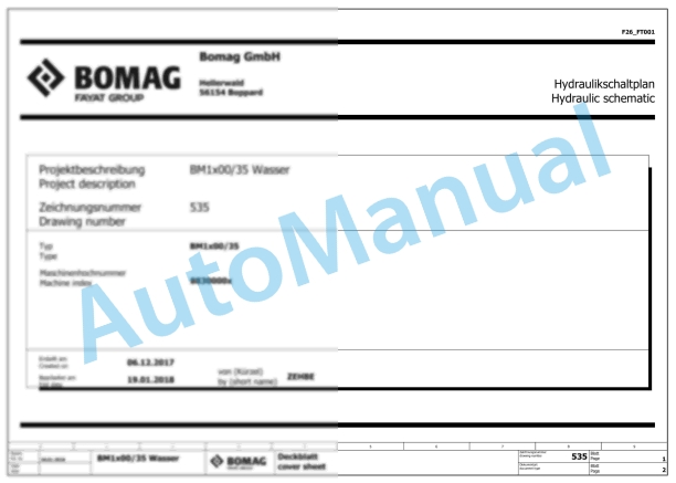 Bomag BM1000-35 T3A Road Milling Machine Electric, Hydraulic Schematics Diagram 101883241001 - 101883249999