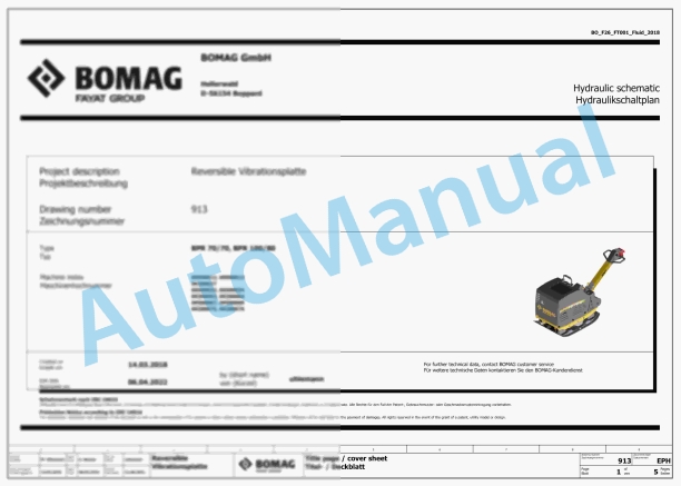 Bomag BPR 100-80 D Reversible Vibratory Plates Electric, Hydraulic Schematics Diagram 101692641001 - 101692641903