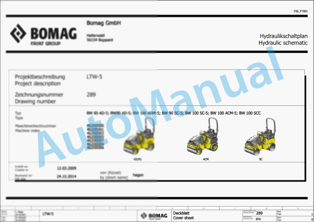 Bomag BW 100 ACM-5 Combination Rollers Electric, Hydraulic Schematics Diagram 101462131001 - 101462139999
