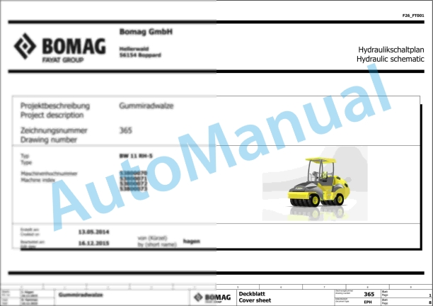 Bomag BW 11 RH-5 Rubber Tyred Rollers Electric, Hydraulic Schematics Diagram 101538761001 - 101538769999