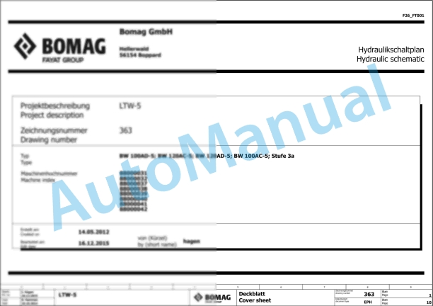 Bomag BW 120 AD-5 CC Tandem Vibratory Rollers Electric, Hydraulic Schematics Diagram 961880721001 - 961880729999
