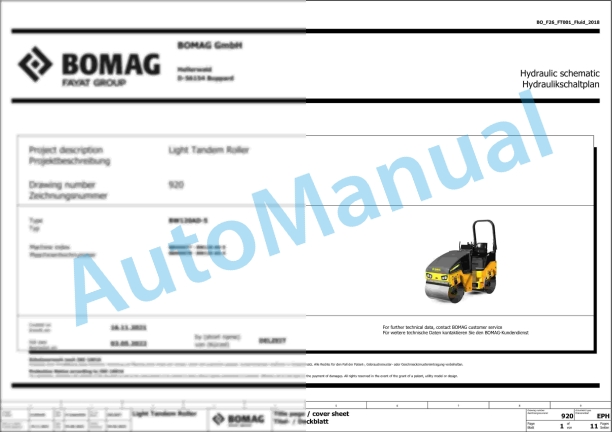 Bomag BW 120 AD-5 Tandem Vibratory Rollers Electric, Hydraulic Schematics Diagram 961880781001 - 961880789999