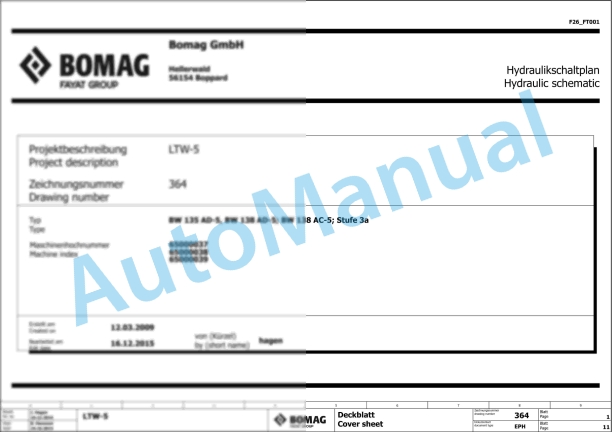 Bomag BW 135 AD-5 Tandem Vibratory Rollers Electric, Hydraulic Schematics Diagram 101650391001 - 101650399999