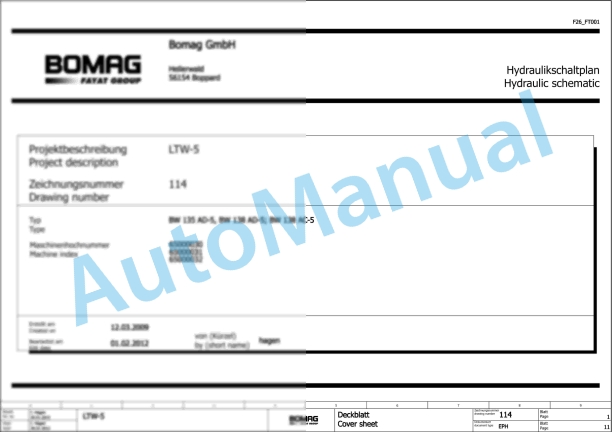 Bomag BW 138 AD-5 Tandem Vibratory Rollers Electric, Hydraulic Schematics Diagram 101650331001 - 101650331058