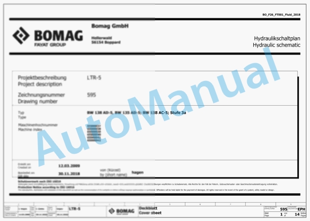Bomag BW 138 AD-5 Tandem Vibratory Rollers Hydraulic Schematics Diagram 961650491001 - 961650499999