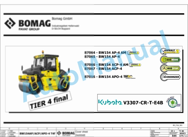 Bomag BW 154 ACP-4i AM Combination Rollers Electric, Hydraulic Schematics Diagram 101870071001 - 101870071002