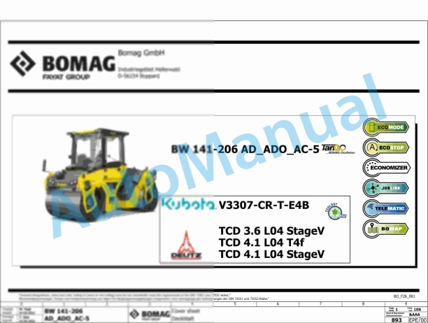 Bomag BW 161 AC-5 TIER 4 Stage V Combination Rollers Electric, Hydraulic Schematics Diagram 101921901001 - 101921909999