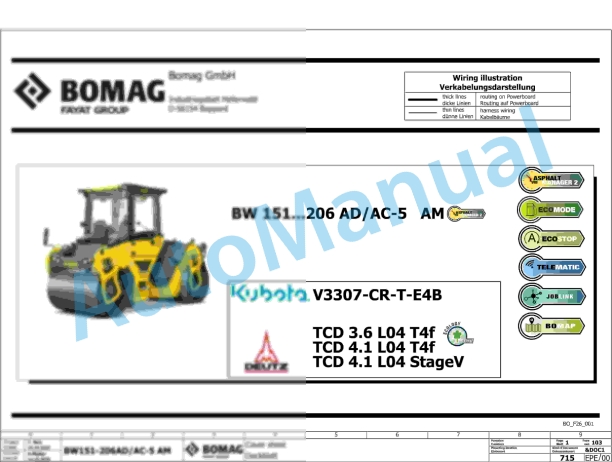 Bomag BW 161 AD-5 AM Tandem Vibratory Rollers Electric, Hydraulic Schematics Diagram 101921731001 - 101921739999