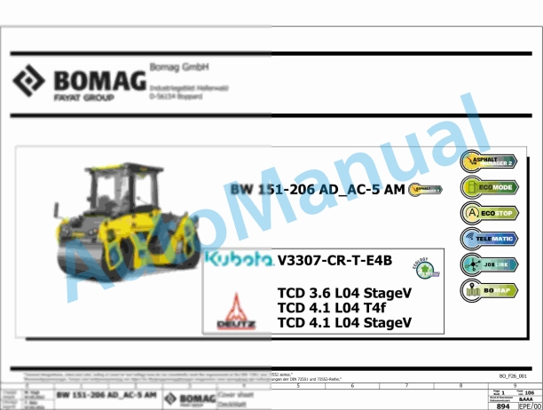 Bomag BW 161 AD-5 AM TIER4 StageV Tandem Vibratory Rollers Electric, Hydraulic Schematics Diagram 101921891001 - 101921899999