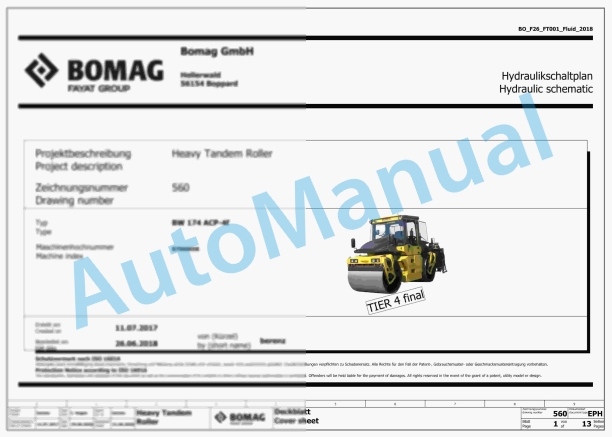 Bomag BW 174 ACP-4f Combination Rollers Electric, Hydraulic Schematics Diagram 101870291001 - 101870299999