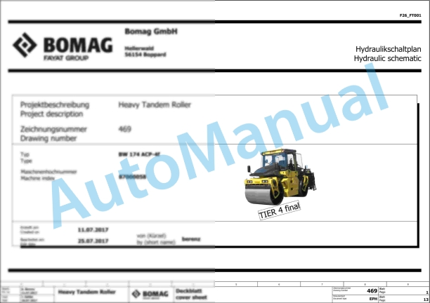 Bomag BW 174 ACP-4f Combination Rollers Electric, Hydraulic Schematics Diagram 101870581001 - 101870589999