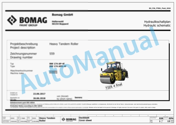 Bomag BW 174 AP-4f Tandem Vibratory Rollers Electric, Hydraulic Schematics Diagram 101870271001 - 101870279999