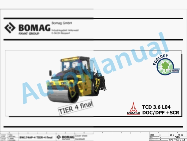 Bomag BW 174 AP-4f Tandem Vibratory Rollers Electric, Hydraulic Schematics Diagram 101870951001 - 101870959999