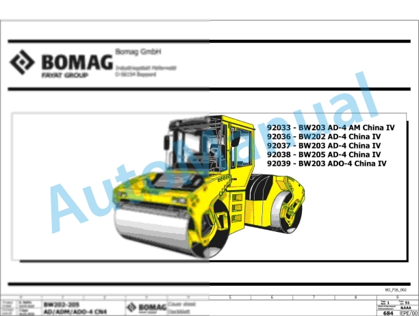 Bomag BW 203 AD-4 CC Tandem Vibratory Rollers Electric, Hydraulic Schematics Diagram 961920371002 - 961920379999