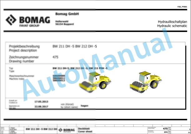 Bomag BW 211 DH-5 Single Drum Vibratory Rollers Electric, Hydraulic Schematics Diagram 101587661001 - 101587669999