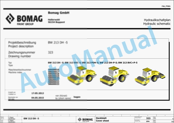 Bomag BW 213 BVC-5 Single Drum Vibratory Rollers Electric, Hydraulic Schematics Diagram 101586211001 - 101586211015