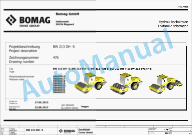 Bomag BW 213 BVC-P-5 Single Drum Vibratory Rollers Electric, Hydraulic Schematics Diagram 101586901001 - 101586909999
