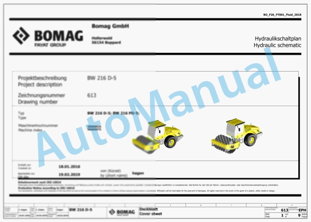 Bomag BW 216 D-5 Single Drum Vibratory Rollers Electric, Hydraulic Schematics Diagram 101586911001 - 101586919999