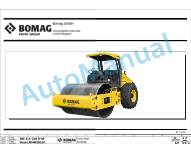 Bomag BW 216 PD-40 Single Drum Vibratory Rollers Electric, Hydraulic Schematics Diagram 961582981001 - 961582989999